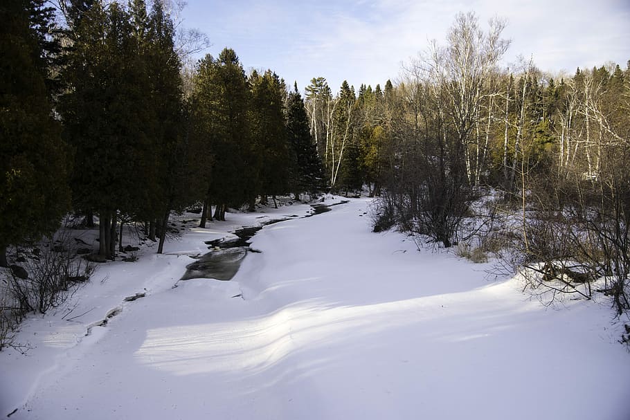 Downstream with snow and ice on the Gooseberry River at Gooseberry falls State Park, Minnesota, HD wallpaper