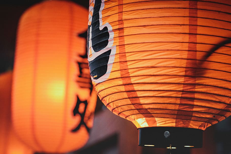 orange paper lanterns, brown and black lantern, lamp, light, night life HD wallpaper