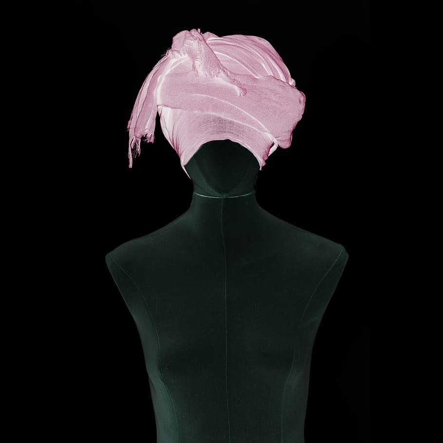 headdress wrapped around head of mannequin, Graphics, Cover, Dark, Pink