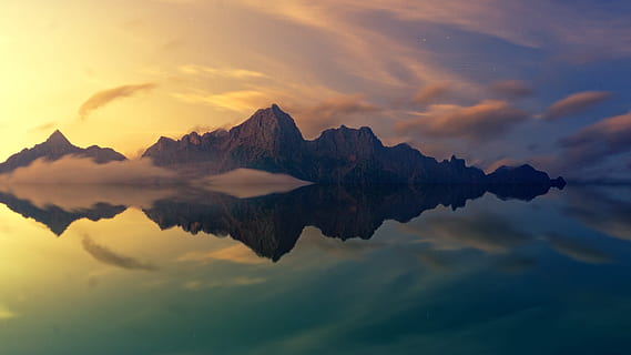 brown mountain mirrored in body of water, photography of mountain with fogs HD wallpaper