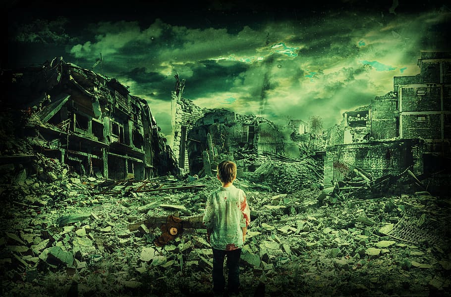 child in white long-sleeved top, lost in war, destroyed city