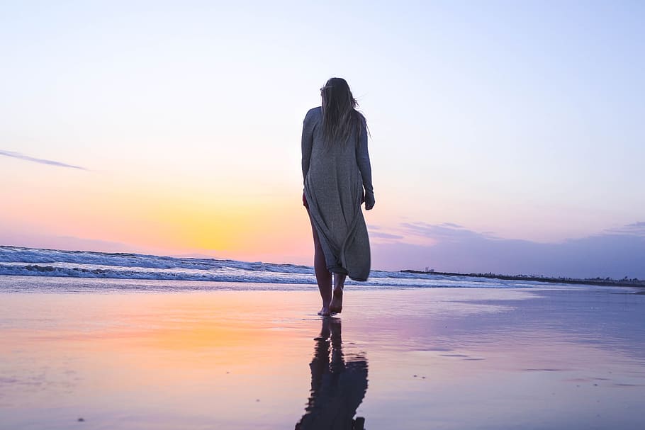 woman standing on beachfront, woman walking on shore, white, dress, HD wallpaper