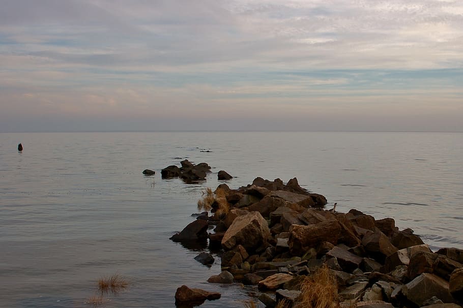 jetty, water, relax, ocean, relaxation, bay, rocks, shore, coast, HD wallpaper