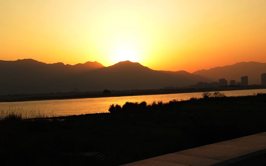 sunset, river, mountain, landscape, sky, silhouette, beauty in nature HD wallpaper