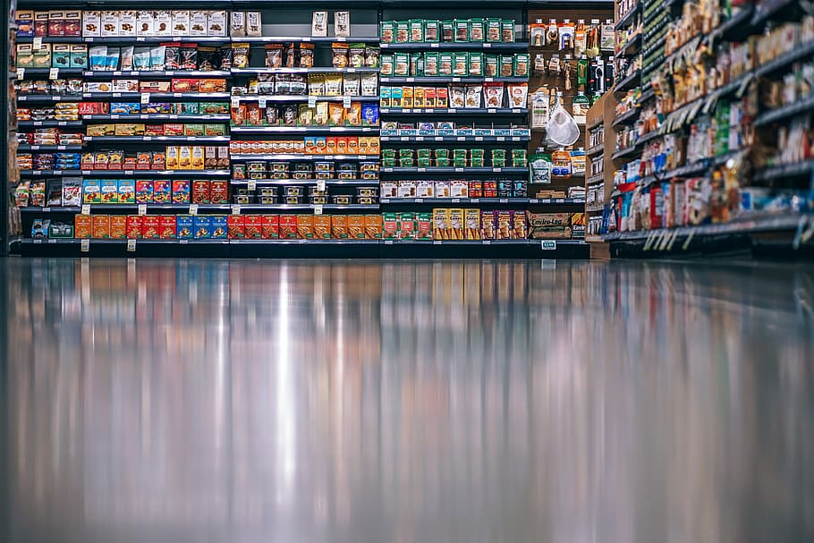 Grocery Store, low angle photography of grocery store shelves
