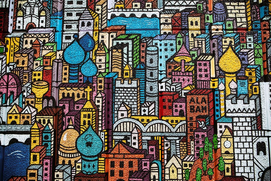 HD wallpaper: Street art depicting city buildings, urban, graffiti, pattern  | Wallpaper Flare
