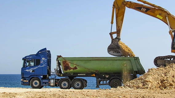 excavator, truck, heavy machine, loading, equipment, construction HD wallpaper