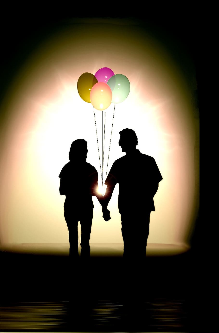 silhouette of couple holding hands with balloons, luck, human