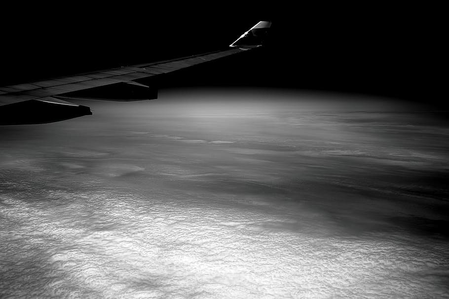 aircraft wing, black-and-white, clouds, dark, travel, airplane HD wallpaper