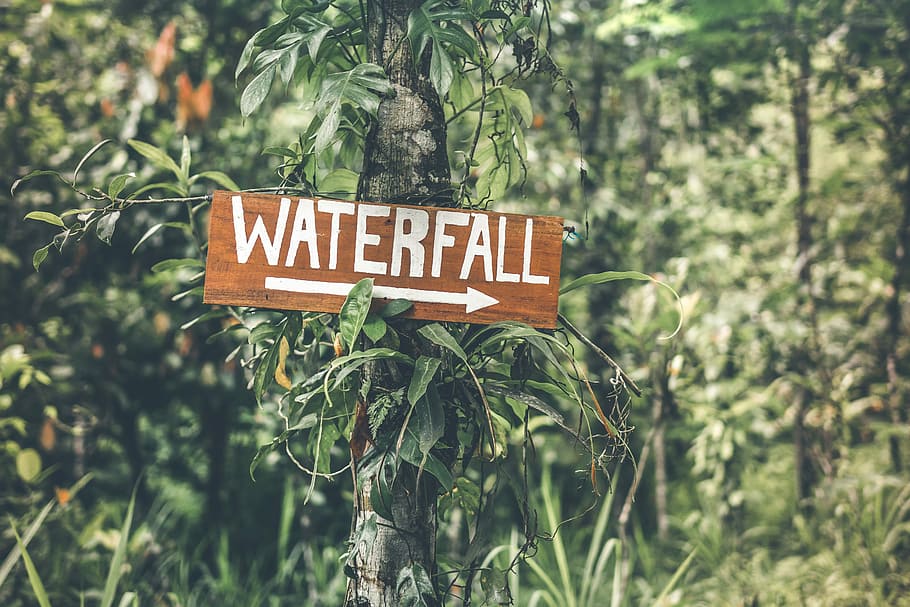 HD wallpaper: selective focus photography of Waterfall signboard