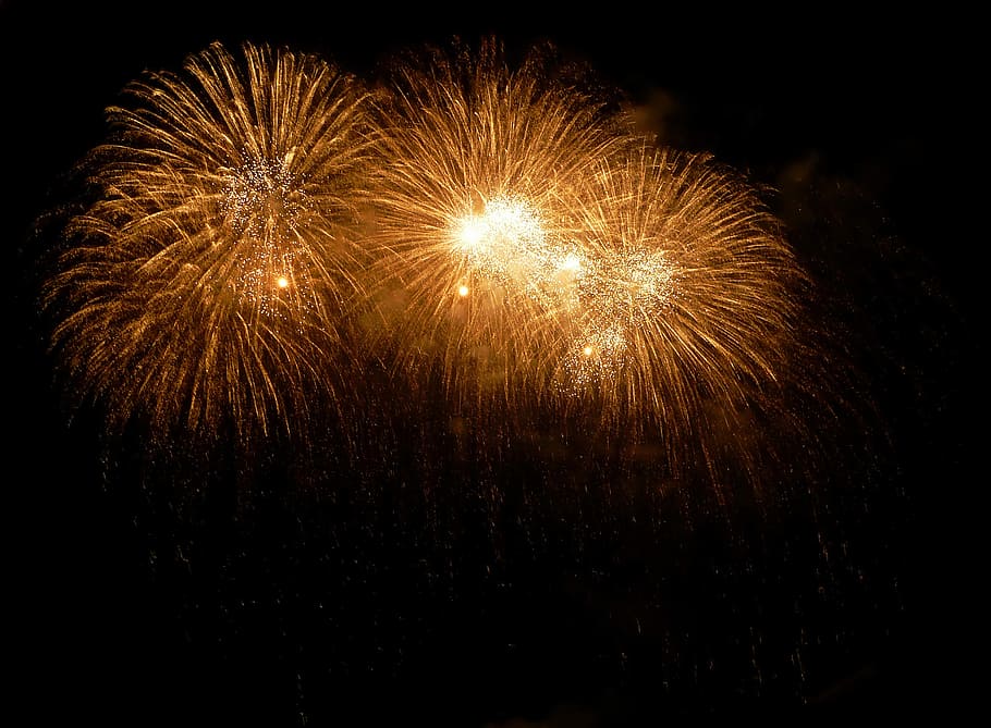 fireworks exploding at sky, light, night, beautiful, schaffhausen yellow, HD wallpaper