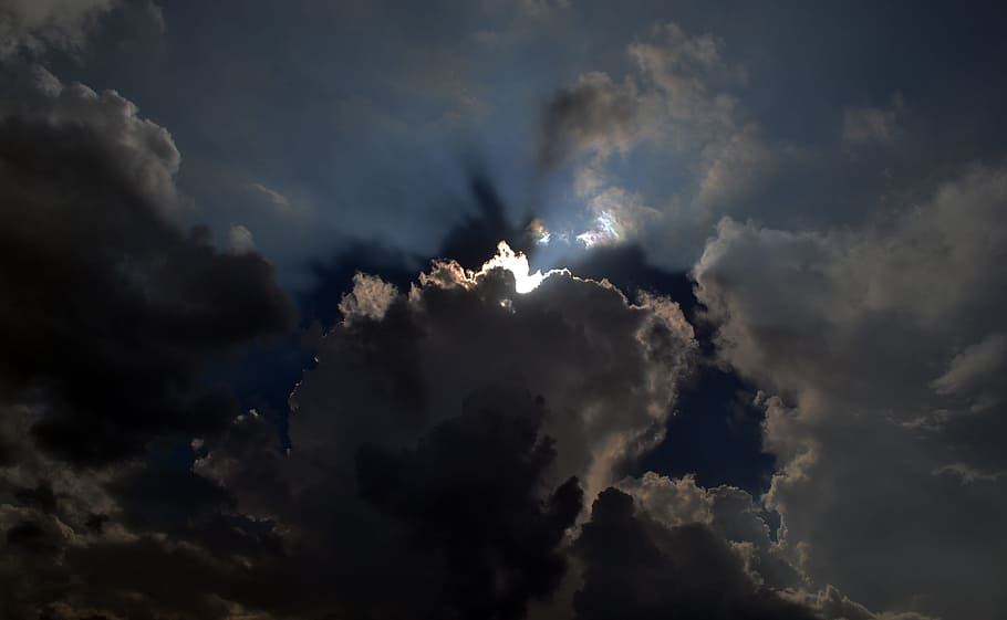 white cumulus clouds, sky, dark, light, cloudy, miracle, dramatic HD wallpaper