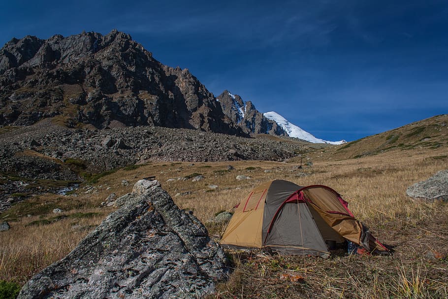 mountains, rocks, tent, scenics - nature, sky, mountain range HD wallpaper
