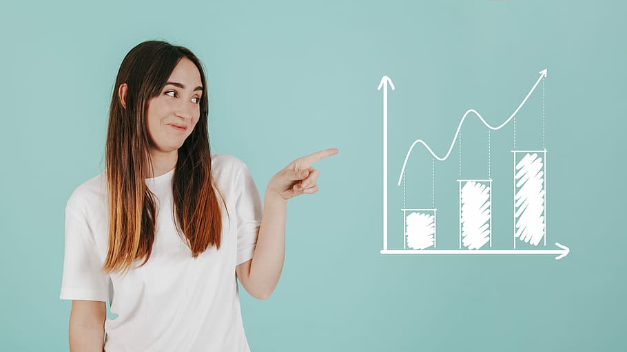 woman pointing at bar graph, chart, analytics, young, startup HD wallpaper