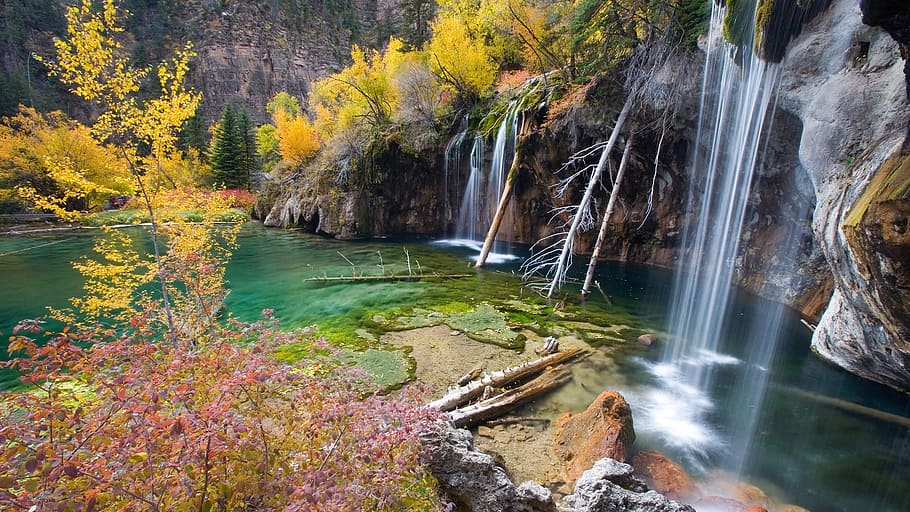 hanging lake co, waterfall, tree, aspen, scenics - nature, beauty in nature, HD wallpaper