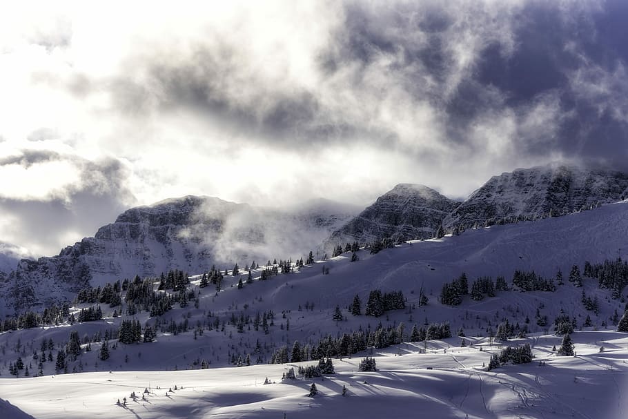 scenery of snow covered mountain, snow covered mountain under white clouds during daytime HD wallpaper