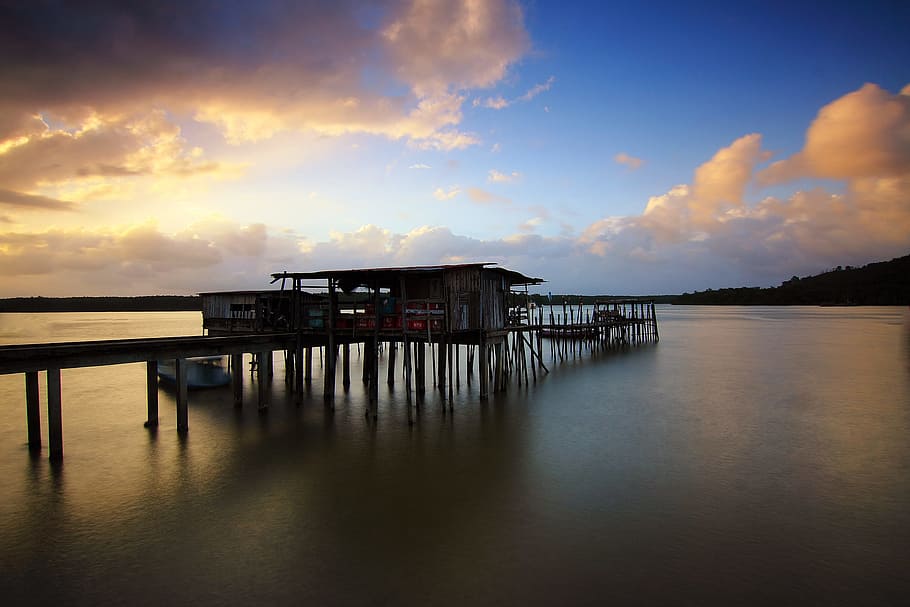 jetty, dawn, landscape, sunset, beach, boat, bridge, clouds, evening HD wallpaper