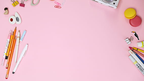 assorted pens, pencil and erasers on pink table, macaroon, colored pencil HD wallpaper