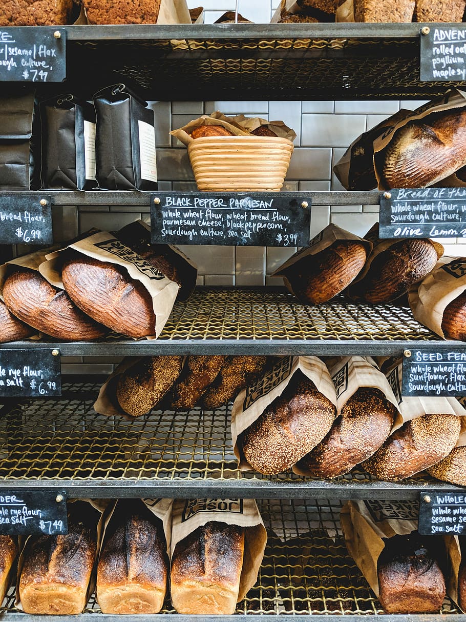 baked breads in rack, baked bread on rack, shelf, bakery, display HD wallpaper
