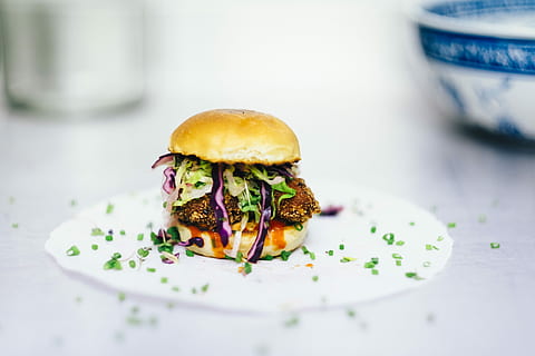 humberger on white plate, burger on white plastic sheet, bun HD wallpaper
