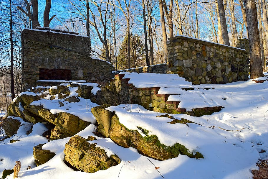 Stone, Structure, Snow, Winter, Sunlight, stone structure, abandoned HD wallpaper