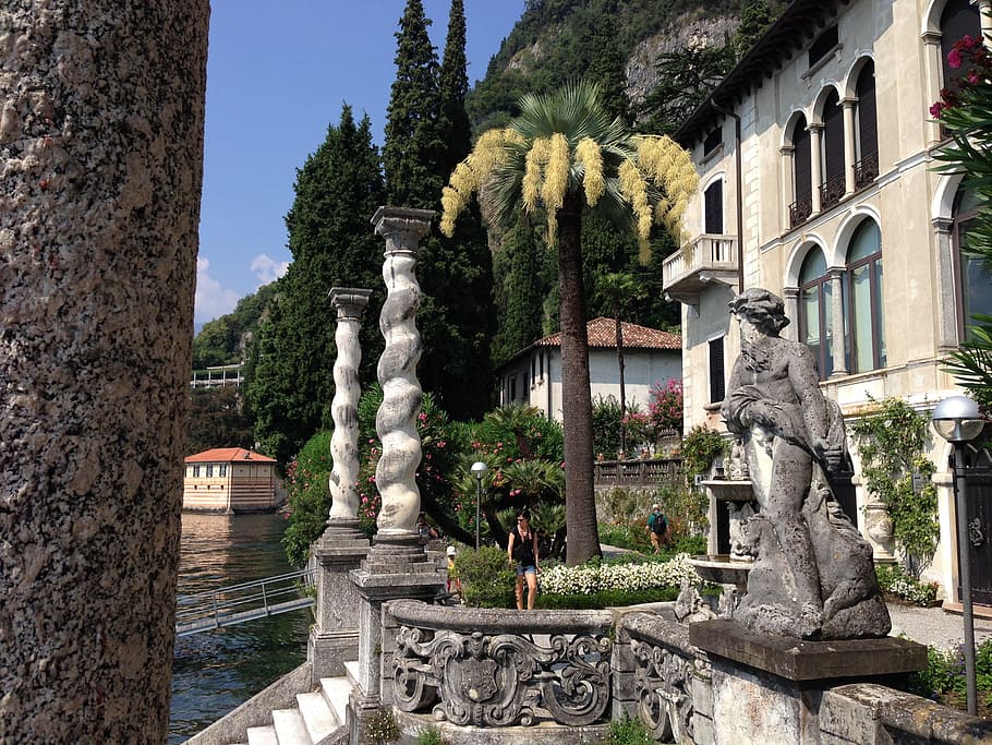 nature, trees, flowers, mountain, villa, lake, italy, sculpture HD wallpaper