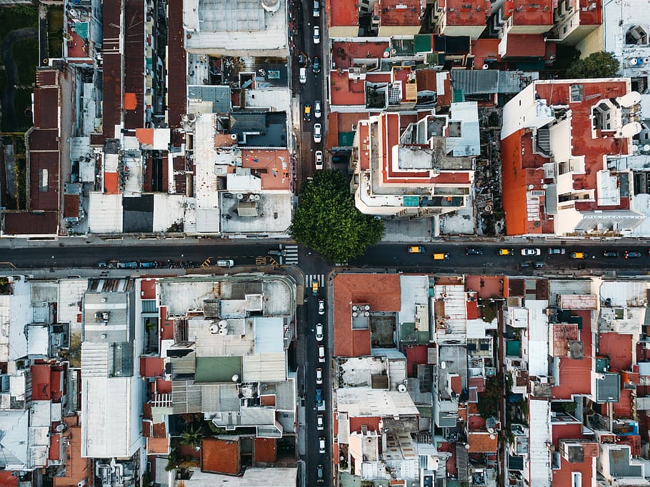 aerial photography of building, bird's eye view of intersection HD wallpaper