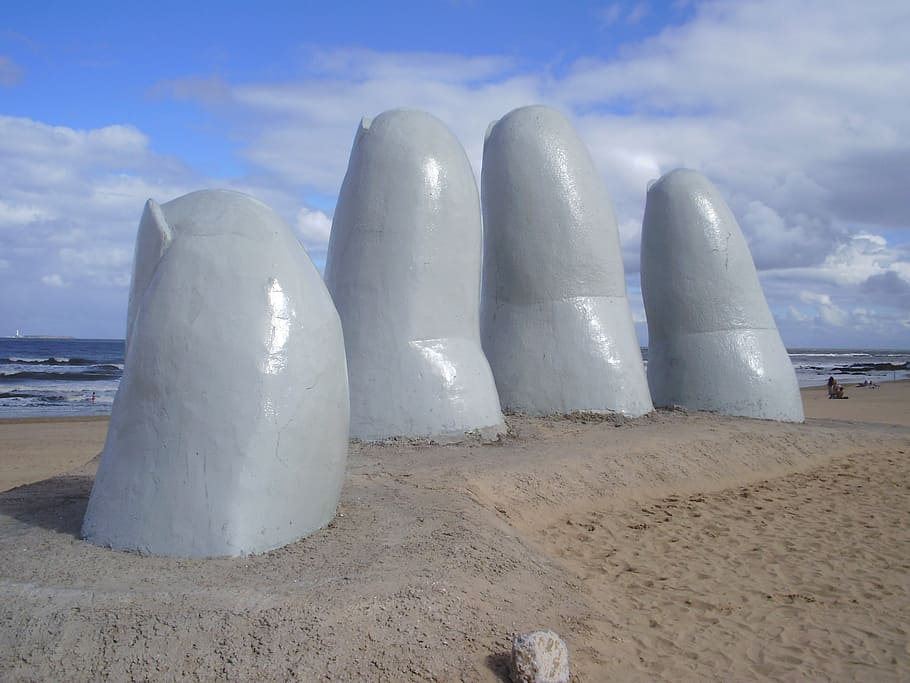 hand monument near beach at daytime, uruguay, landscape, scenic, HD wallpaper