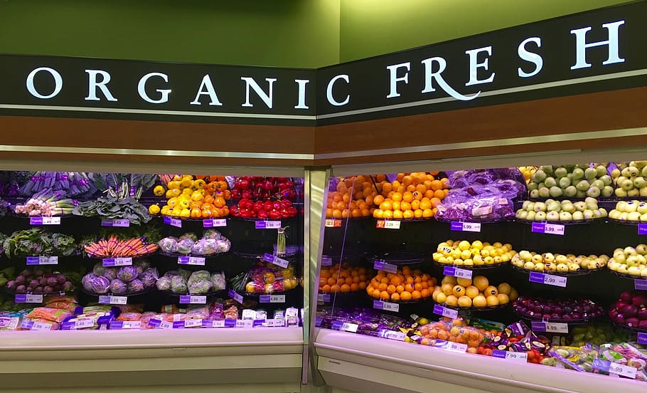 Organic Fresh grocery section, shelf, organic food, healthy, green