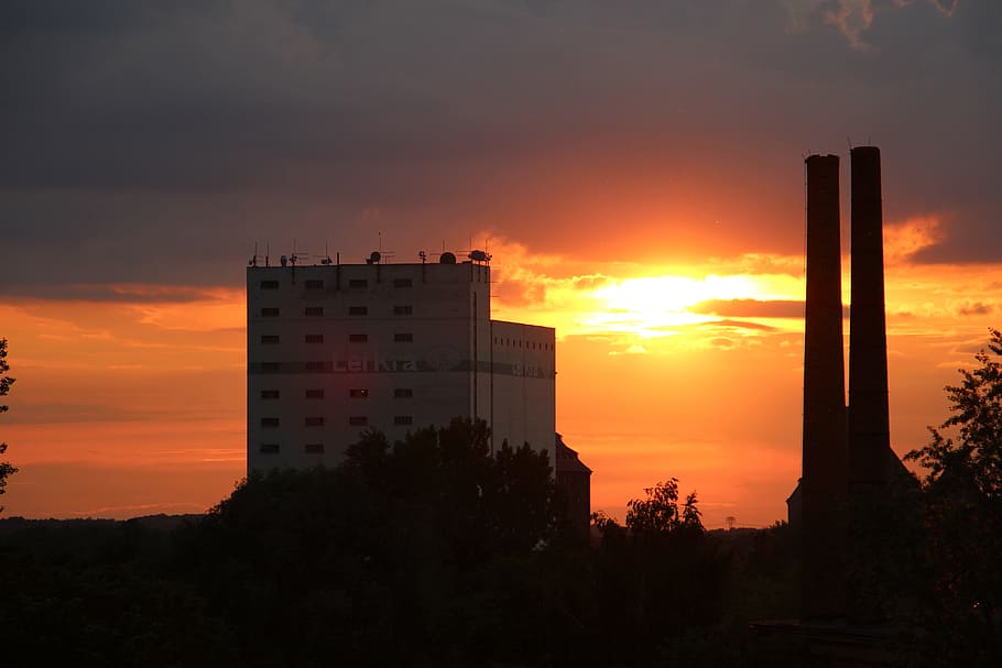 sunset, abendstimmung, mood, sky, orange color, architecture HD wallpaper