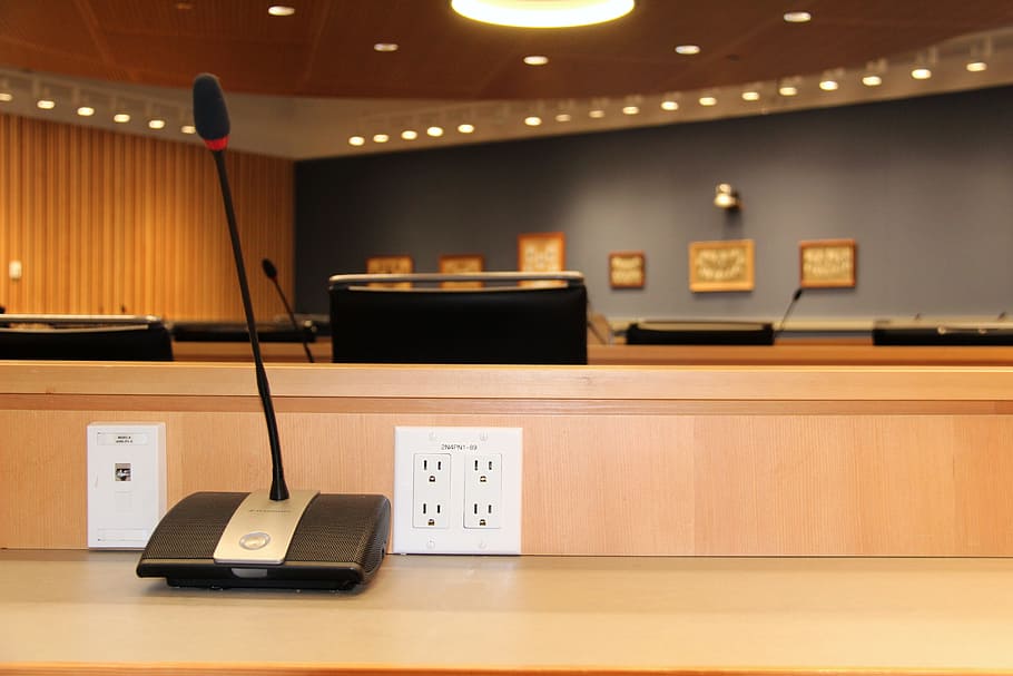 black conference microphone on beige wooden table, panel, room HD wallpaper