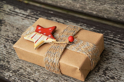 brown and red gift box on brown wooden surface, gift parcel HD wallpaper