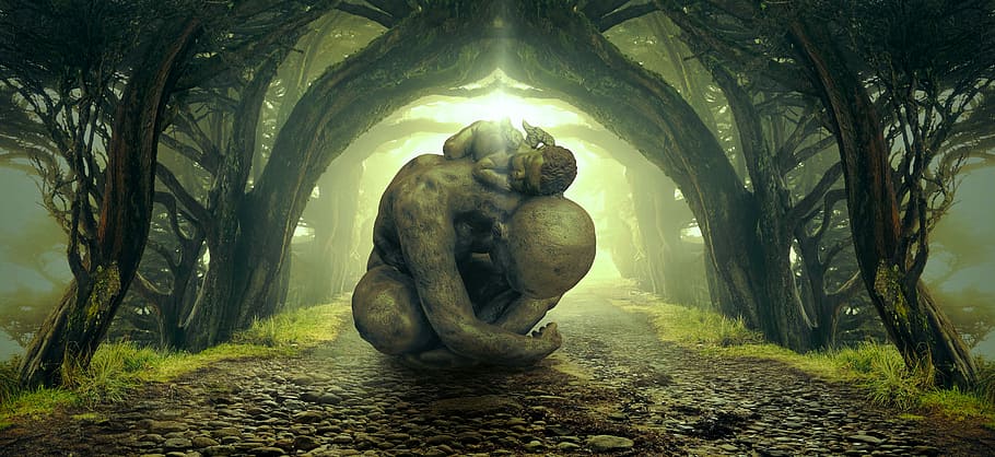 statue of man with baby on back between trees wallpaper, fantasy HD wallpaper