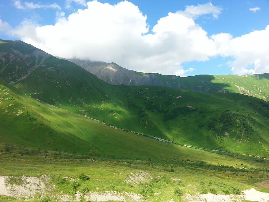 Mountains, Clouds, Landscape, sky, rocks, slopes, dahl, greens HD wallpaper