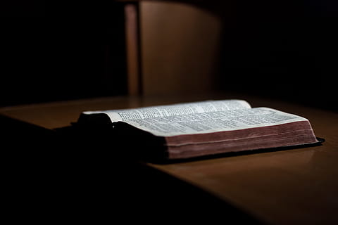 open book on top of desk, white book on brown wooden table, Holy Bible HD wallpaper