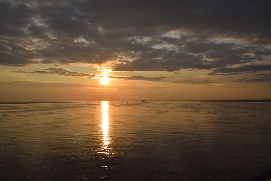sunset, clouds, sky, abendstimmung, romantic, red, sea, water HD wallpaper