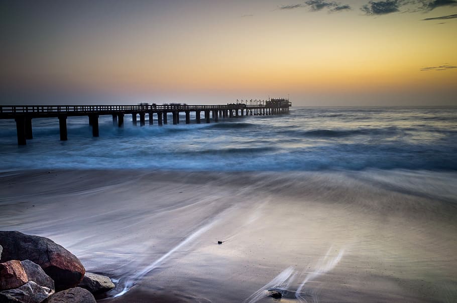 dock surrounded by body of water, dusk, sea, beach, sunset, pier, wafe HD wallpaper