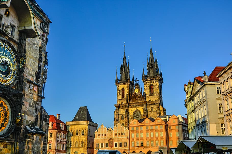 prague, czech, church, spires, cathedral, old, town, square