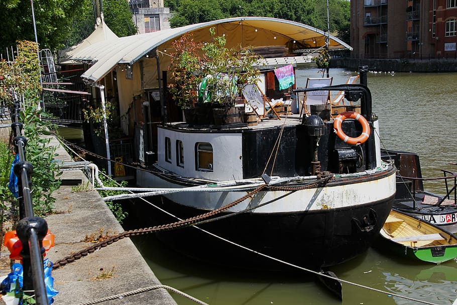 barge boat, moored, water, canal, england, waterway, houseboat, HD wallpaper