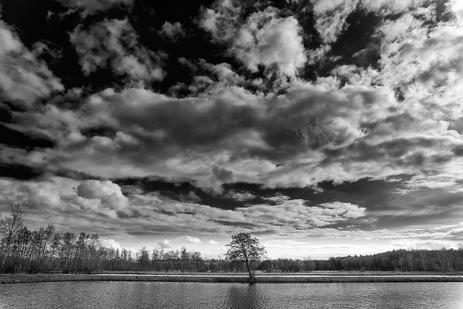 Black And White, White, Sky, Mirroring, Clouds, water, atmospheric HD wallpaper
