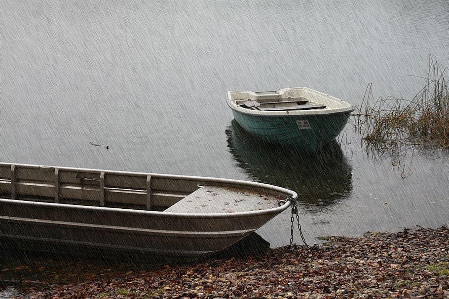 two boats on body of water, rain, pond, drip, wave, bank, storm HD wallpaper