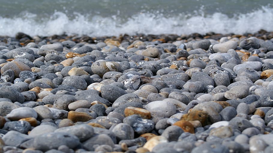 river stone photography, pebble beach, waves, stones, seaside, HD wallpaper