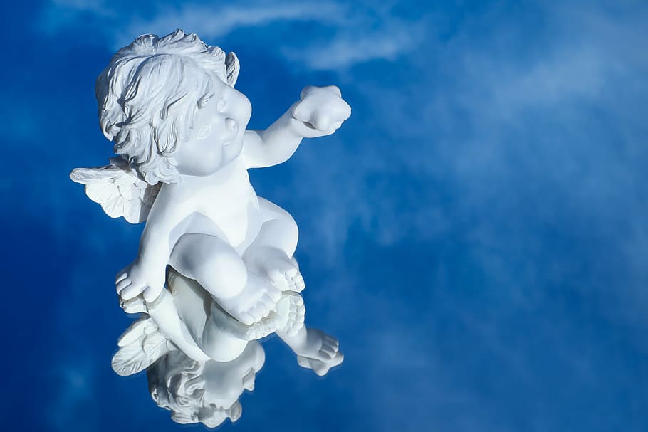 white ceramic cherub figurine reflects on blue water, angel, figure, HD wallpaper
