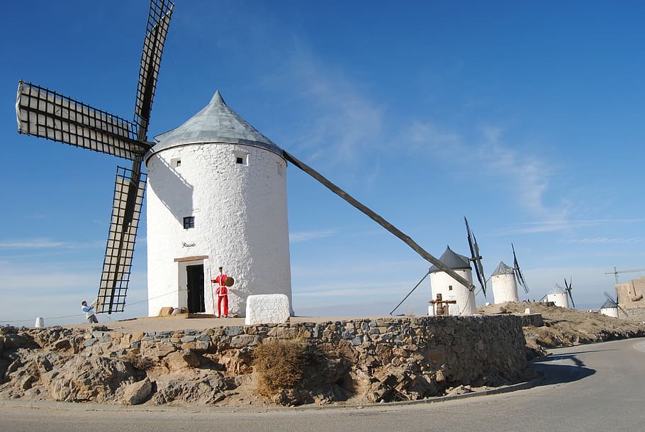 mills, don quixote, wind, stain, field, landscape, windmill, HD wallpaper