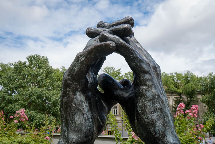 hands, finger, sculpture, human, symbol, art, metal, sky, clouds HD wallpaper