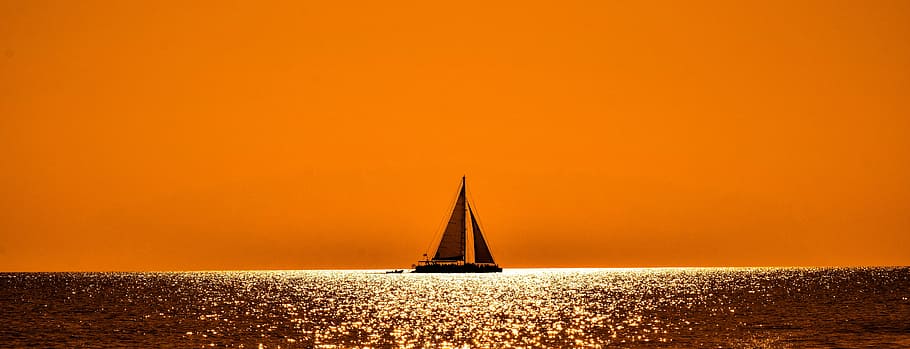silhouette of sailing boat in the sea, sunset, sunlight, catamaran HD wallpaper