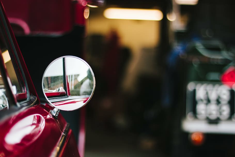 selective focus photo of red car, side, mirror, photography HD wallpaper