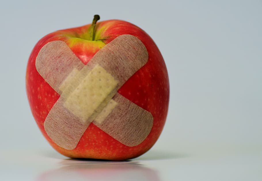 honeycrisp apple with band aid, patch, injured, association HD wallpaper