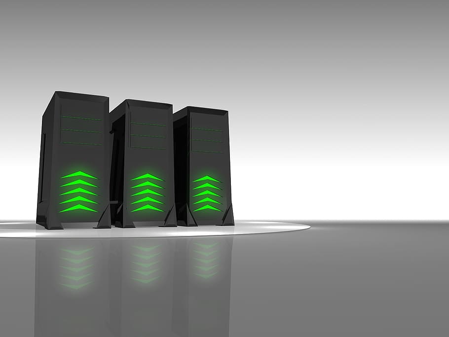 three black LED computer towers, server, technology, web, data