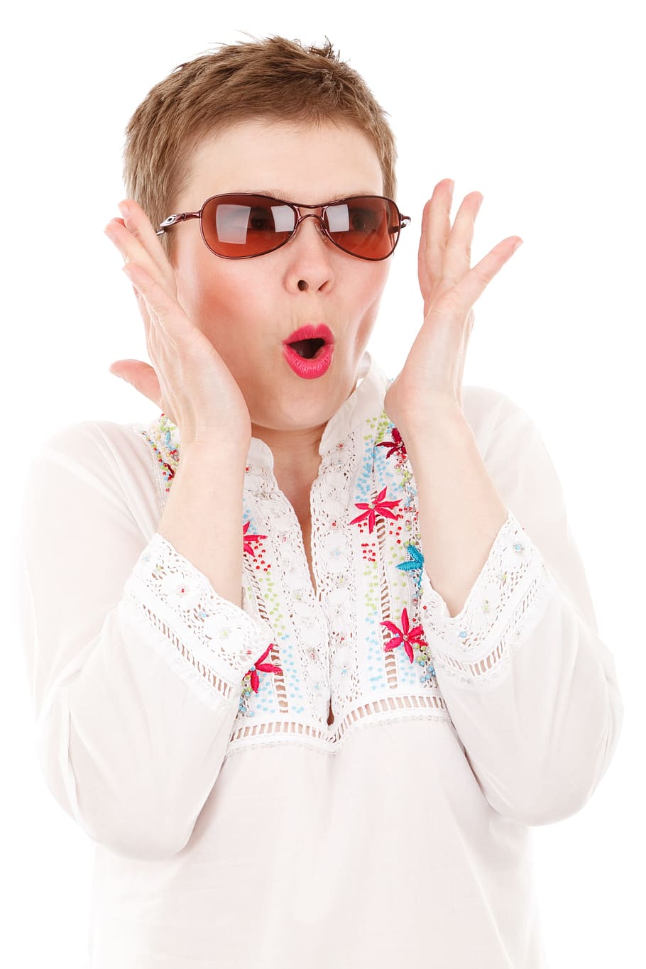 shocked woman wearing sunglasses, Cute, Fashion, Female, Girl, HD wallpaper
